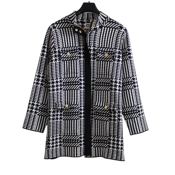 Anne Klein Black White Glen Plaid Knit Coat - Picture 1 of 16